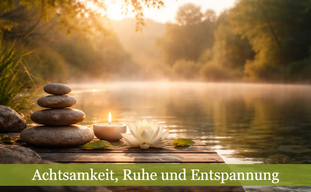 Ruhiger Teich mit Seerose. Text: Achtsamkeit, Ruhe und Entspannung