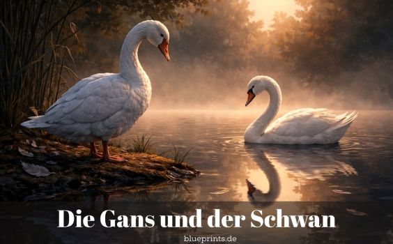Eine Gans und ein Schwan im Morgennebel