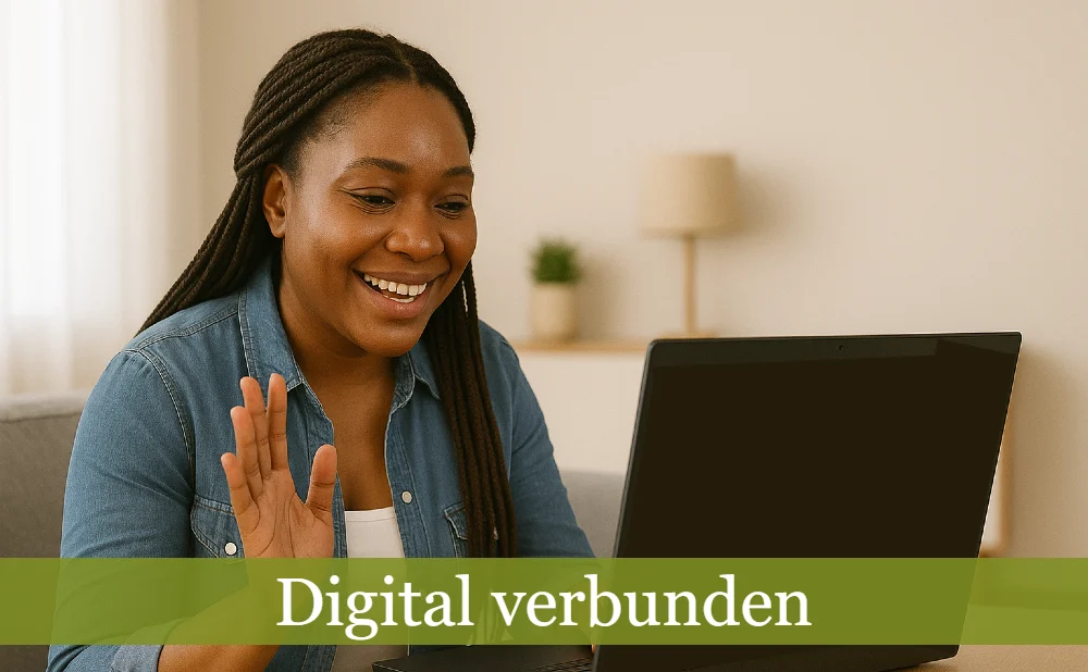 Frau lächelt und winkt in Laptop-Kamera. Text: Digital verbunden