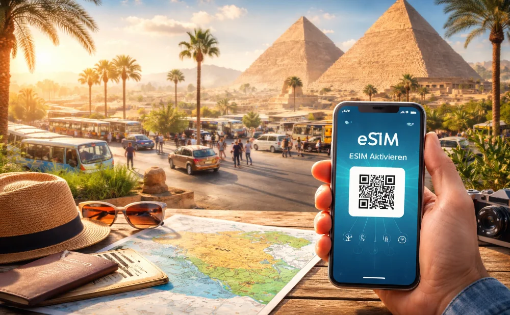 Smartphone mit eSim im Anzeigefeld vor den Pyramiden