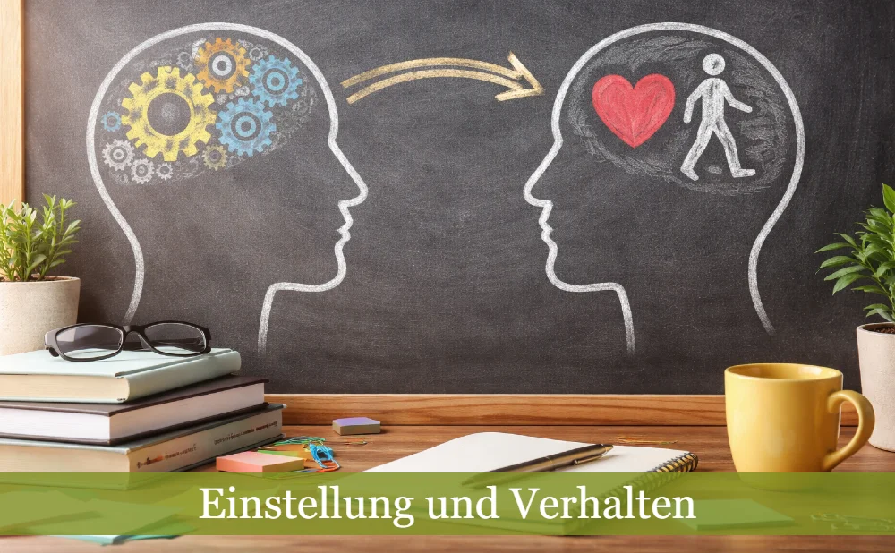 Zwei Köpfe mit Kreide auf eine Tafel gemalt. Text: Einstellung und Verhalten