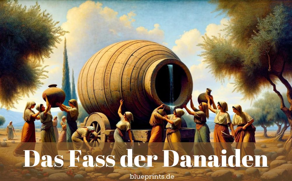  Frauen versuchen, ein beschädigtes Fass mit Wasser zu füllen.