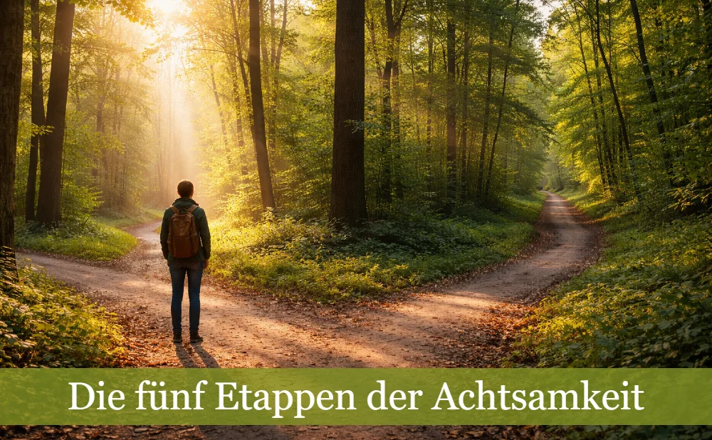 Wanderer im Wald vor Weggabelung. Text: Die fünf Etappen der Achtsamkeit