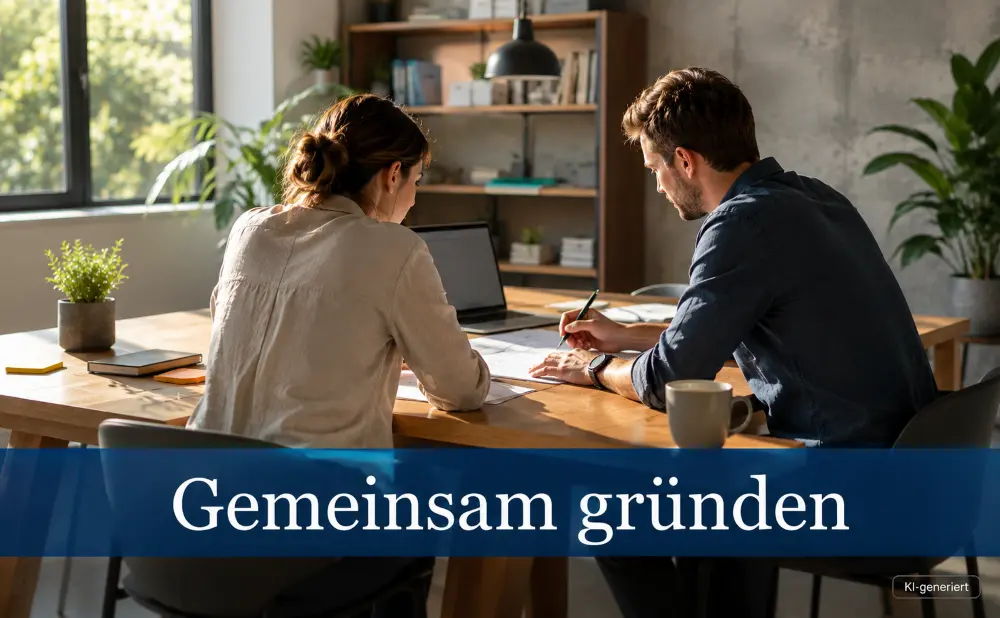 Zwei Gründer besprechen gemeinsam Unterlagen an einem Schreibtisch in einem hellen, modernen Büro.