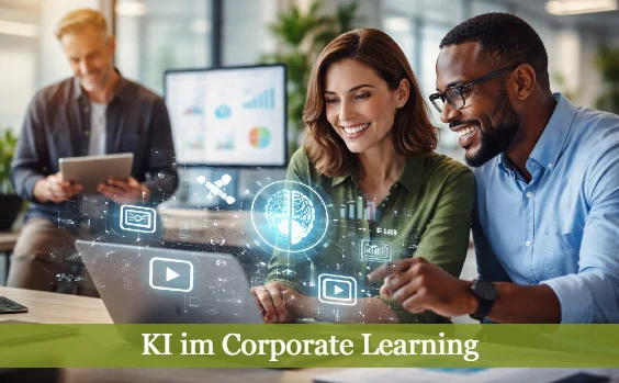 Team beim virtuellen Lernen. Text: KI im Corporate Learning