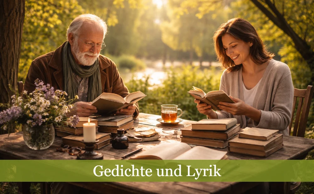 Ein älterer Mann und eine Frau sitzen am See und erfreuen sich an Literatur