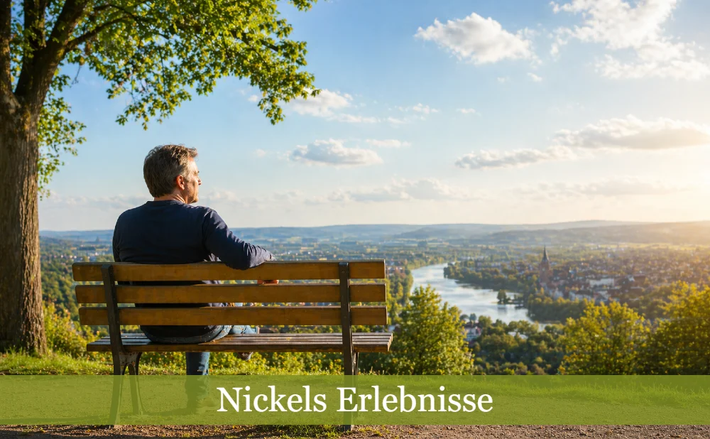 Nickel sitzt auf einer Parkbank und blickt über die Stadt. Text: Nickels Erlebnisse