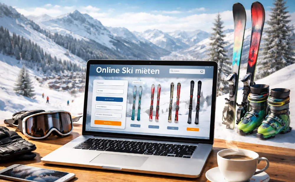 Berge im Hintergrund, im Vordergrund Computer mit Webseite zum Ski-Verleih