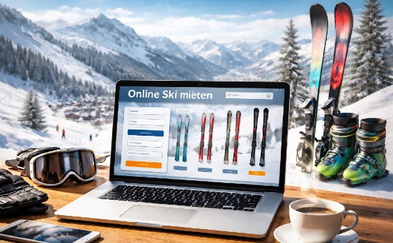 Berge im Hintergrund, im Vordergrund Computer mit Webseite zum Ski-Verleih