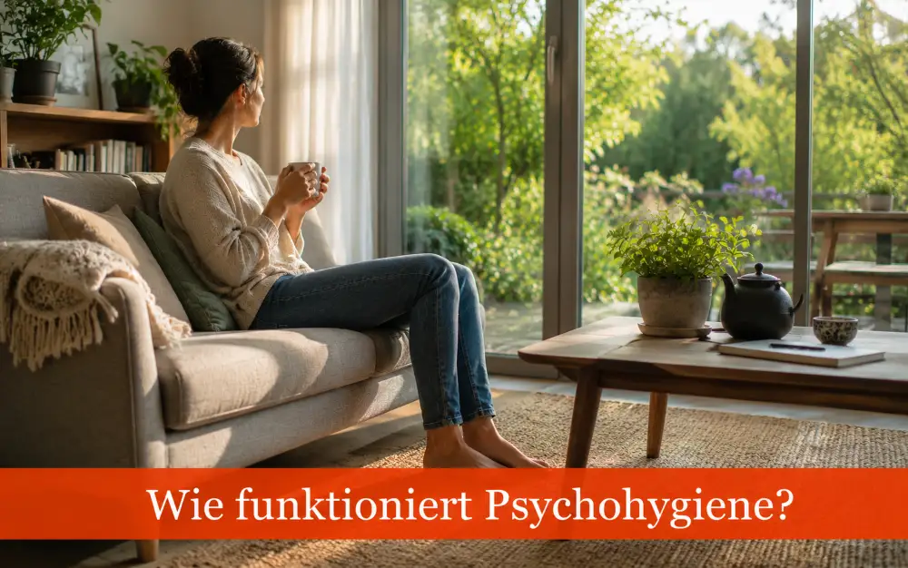 Eine Frau sitzt entspannt auf einem Sofa