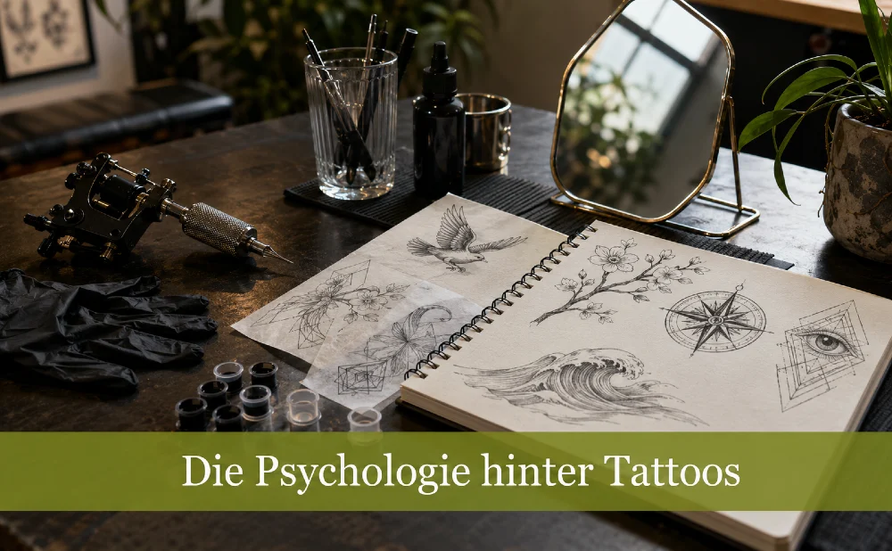 Schreibtisch eines Tätowierers. Text: Psychologie hinter Tattoos