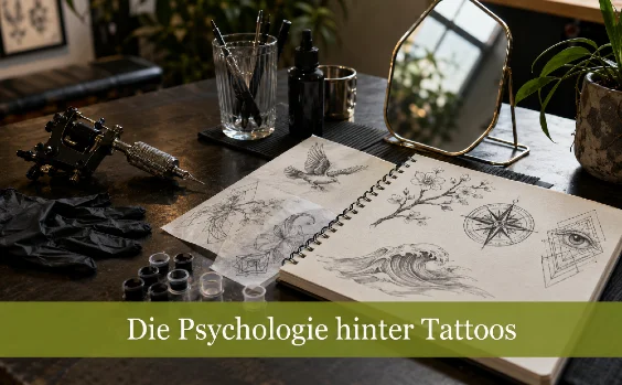 Schreibtisch eines Tätowierers. Text: Psychologie hinter Tattoos