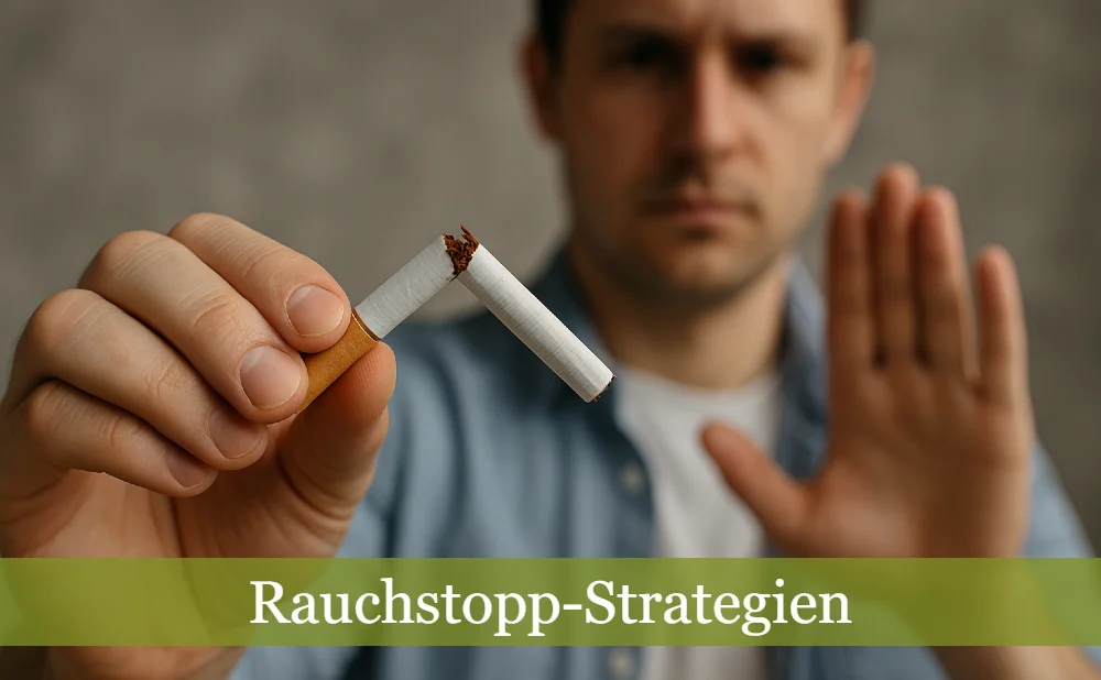 Raucher mit ablehnder Haltung, zerbrochene Zigarette. Text: Rauchstopp-Strategien