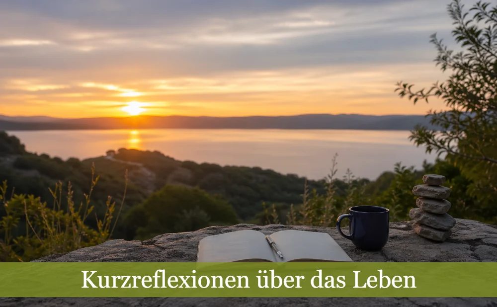 Buch und Kaffeetasse auf einem Stein über einem See bei Sonnenuntergang. Text: Kurzreflexionen über das Leben