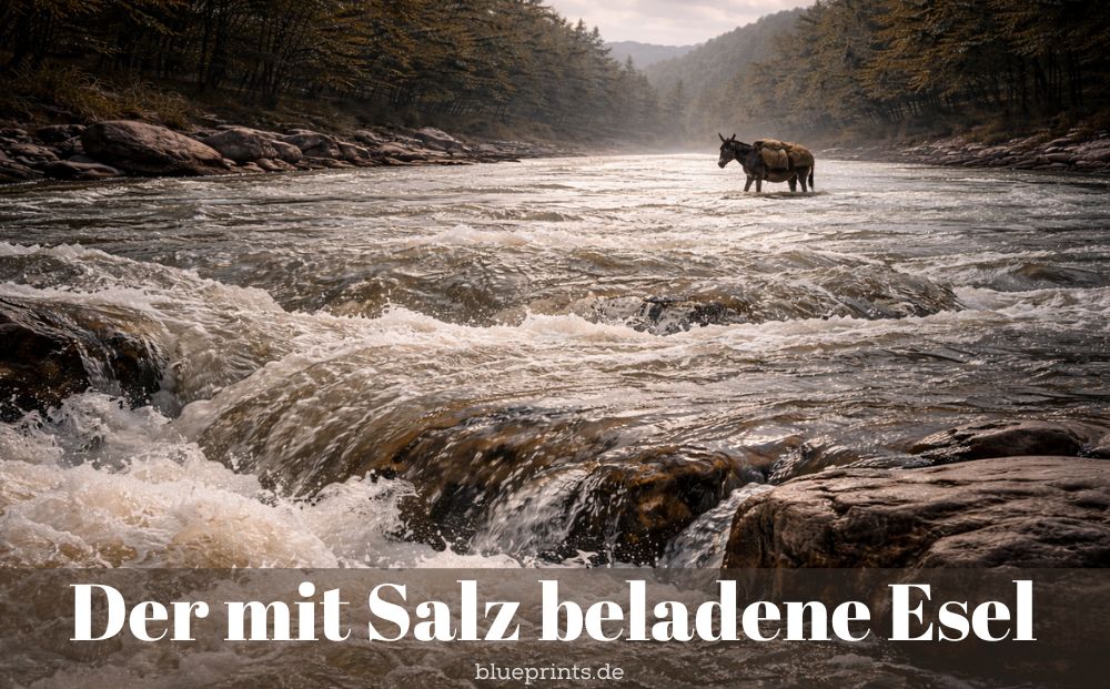 Ein Esel watet durch einen Fluss.