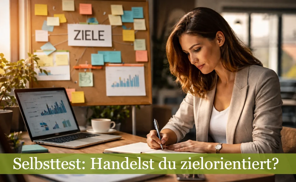 Business-Frau sitzt am Schreibtisch und arbeitet an ihren Zielen. Text: Handelst du zielorientiert? Selbsttest 