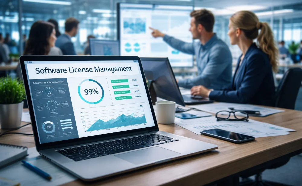 Laptop mit Software Lizenzmanagement auf dem Bildschirm, im Hintergrund Büroaktivitäten