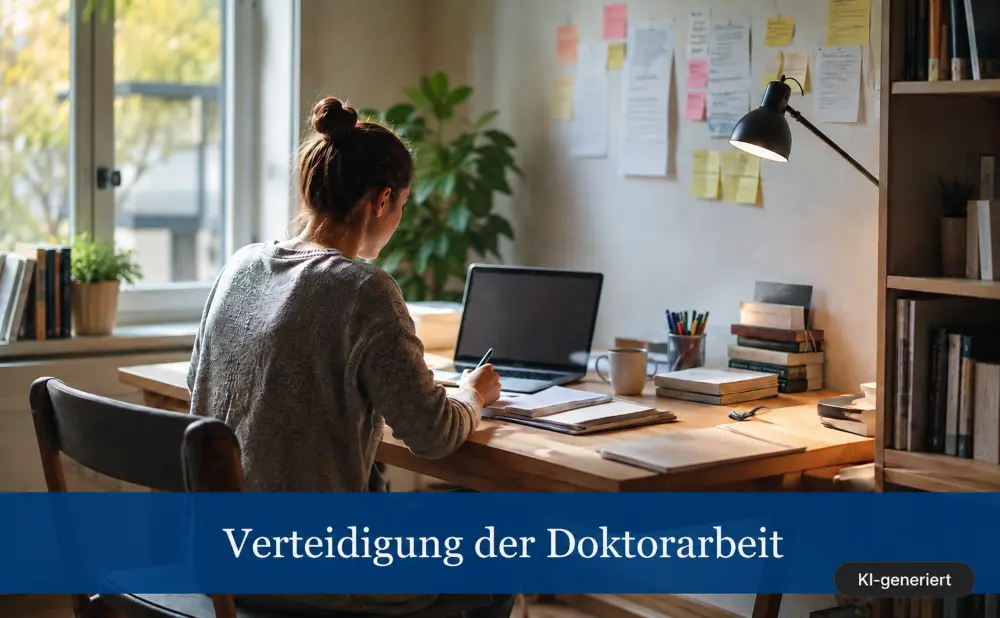Vorbereitung auf die Verteidigung der Doktorarbeit am Schreibtisch mit Laptop und Unterlagen.