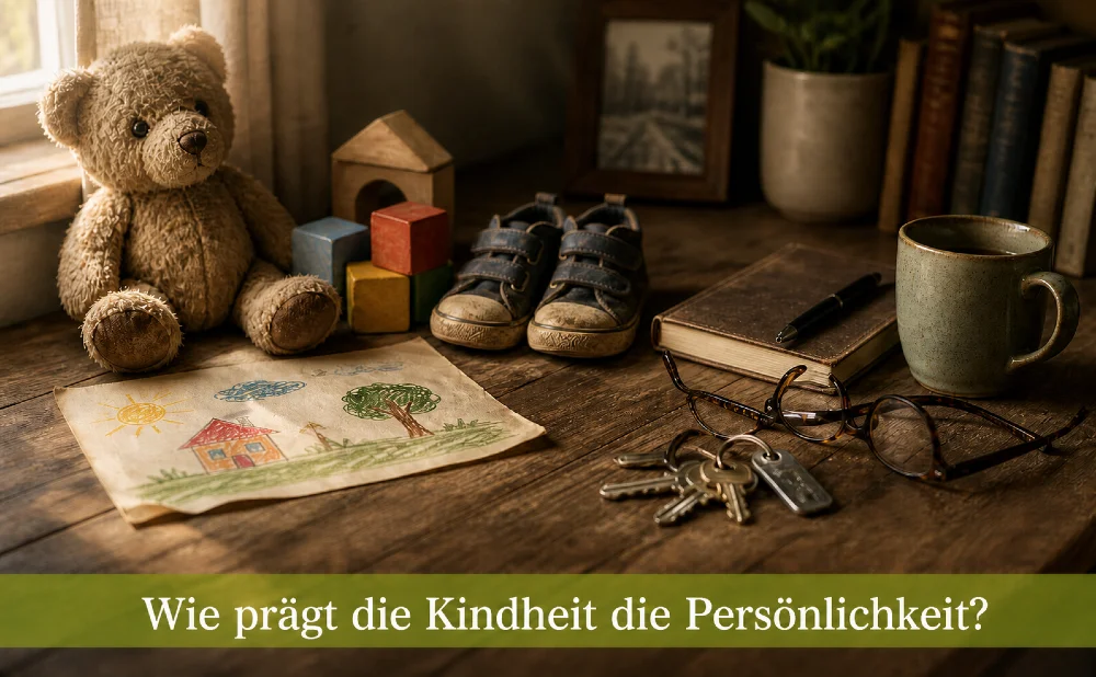 Schreibtisch mit Motiven aus der Kindheit, einer Tasse und einem Schlüssel. Text: Wie prägt die Kindheit die Persönlichkeit?