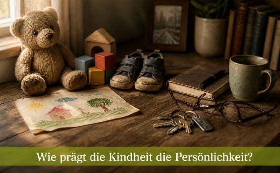 Schreibtisch mit Motiven aus der Kindheit, einer Tasse und einem Schlüssel. Text: Wie prägt die Kindheit die Persönlichkeit?