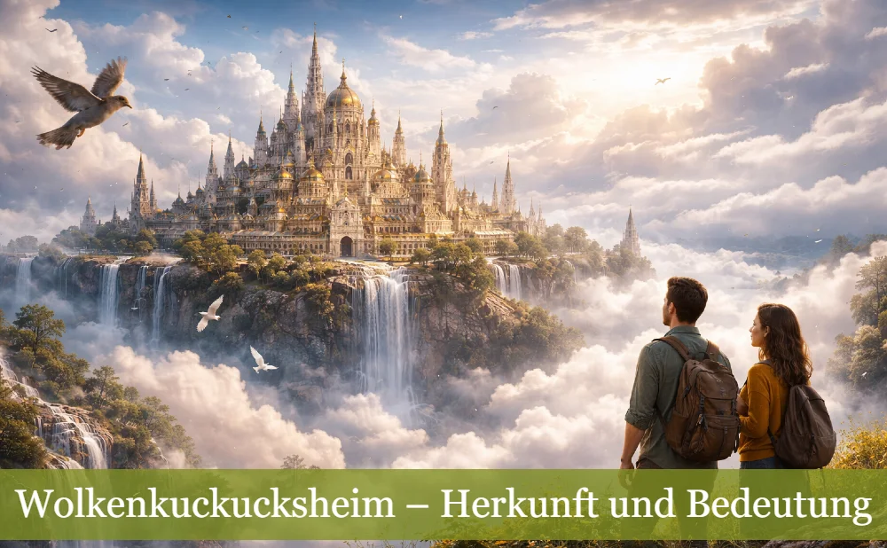 Zwei Wanderer betrachten eine Stadt in den Wolken. Text: Wolkenkuckucksheim – Herkunft und Bedeutung