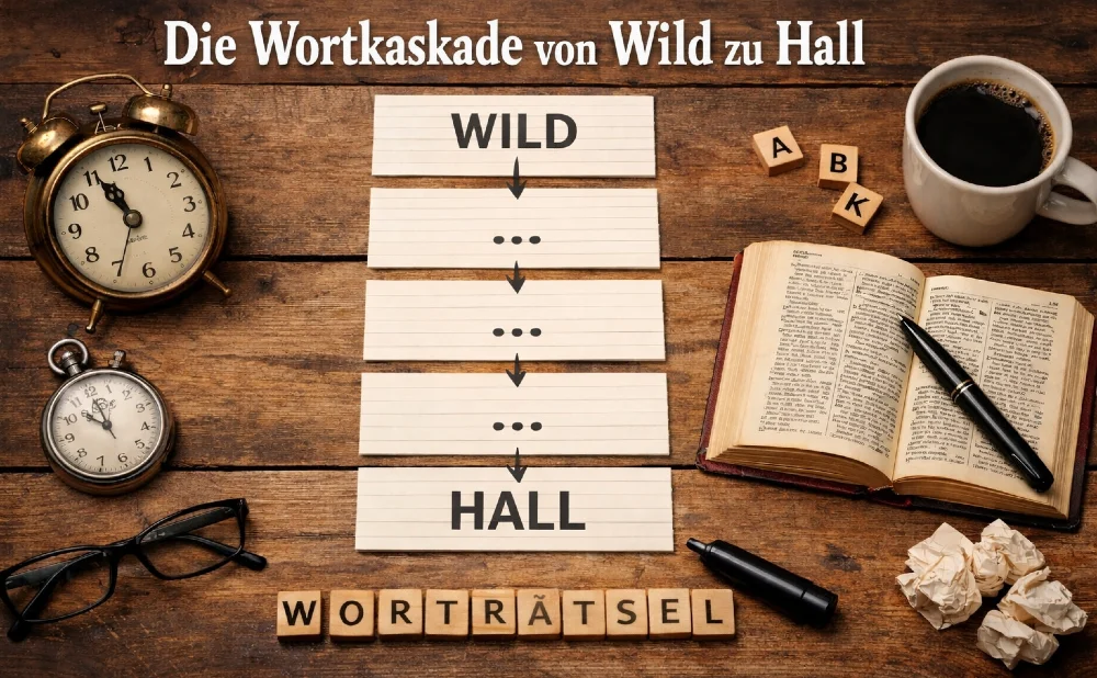Die Wortkaskade Wild zu Hall auf einem Schreibtischdargestellt.