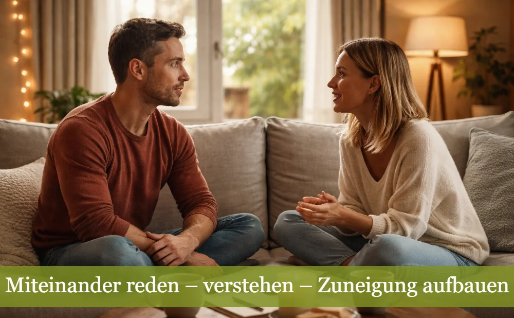 Paar beim Zwiegespräch im Wohnzimmer. Text: Miteinander reden - verstehen - Zuneigung aufbauen