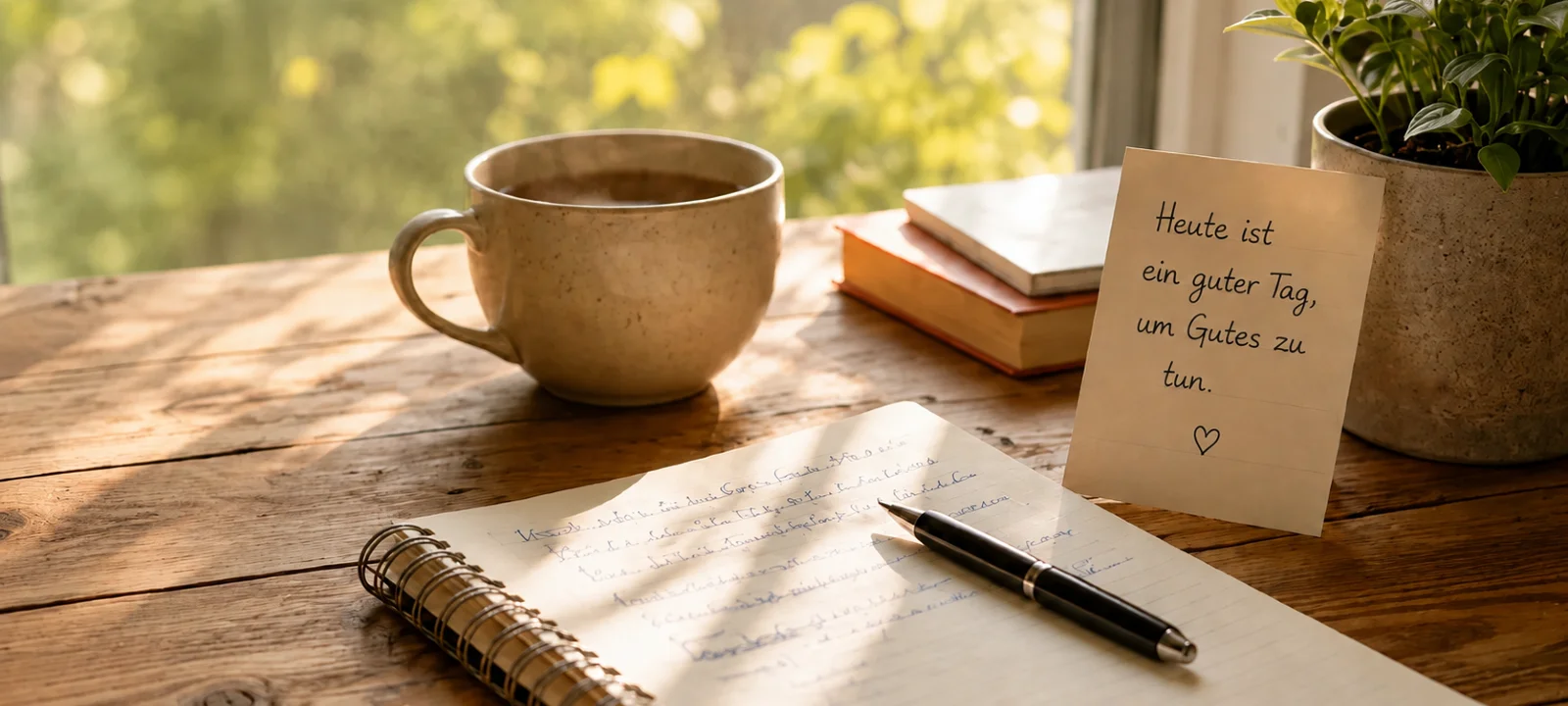 Kaffeetasse, Notizbuch und Stift im warmen Morgenlicht